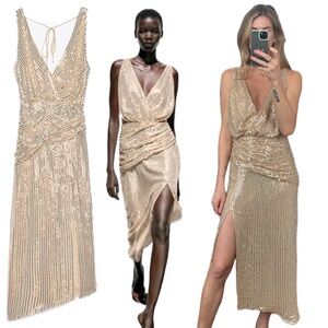Zara Gold Sequin Sparkle Slit Sleeveless Low Cut V Neck Midi Ruched Disco Dress